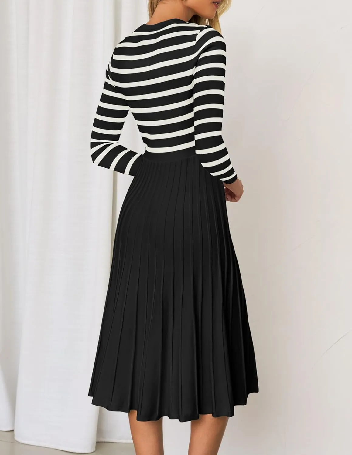 ZESICA Womens Long Sleeve Striped Midi Dresses Crewneck Button Ribbed Knit Pleated A Line Swing Sweater Dress