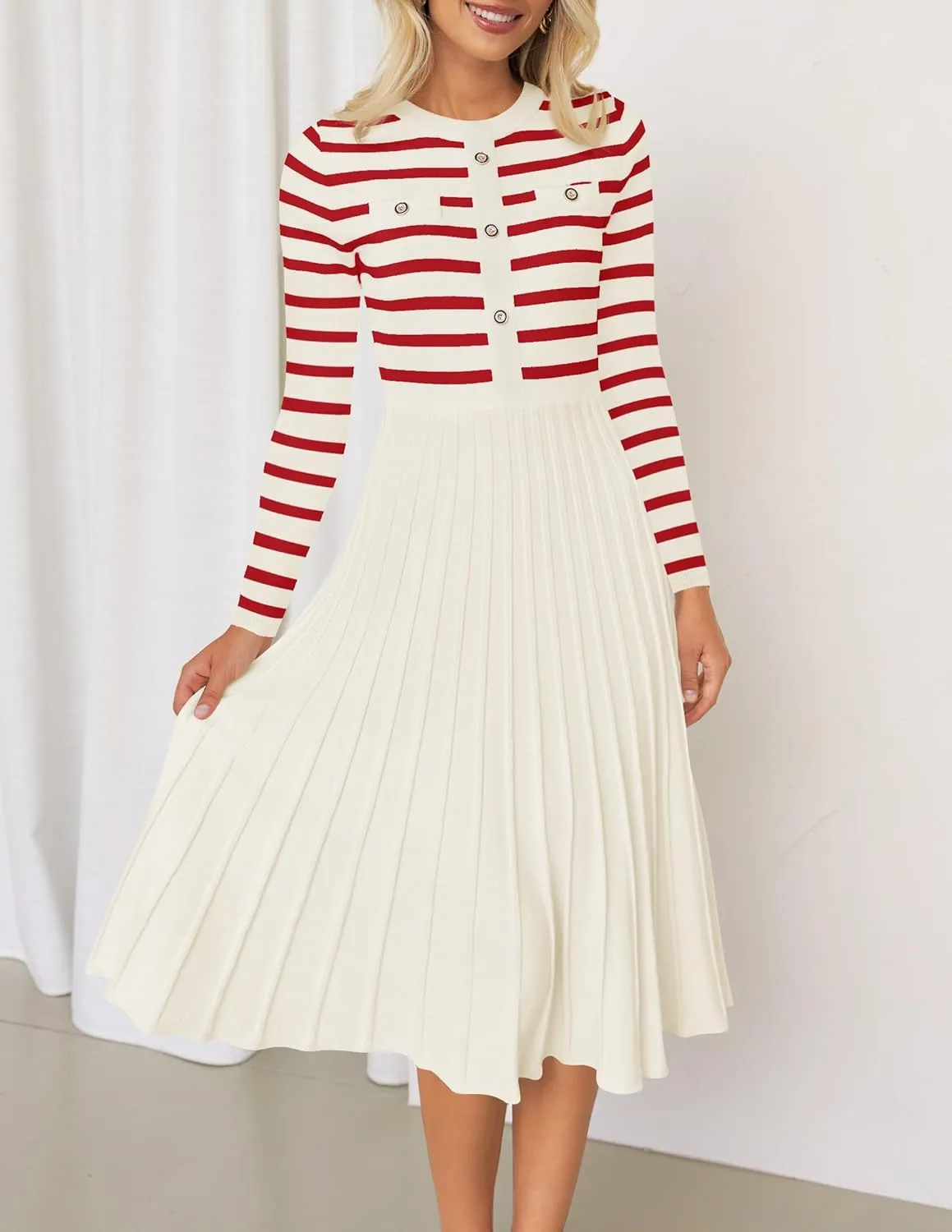 ZESICA Womens Long Sleeve Striped Midi Dresses Crewneck Button Ribbed Knit Pleated A Line Swing Sweater Dress