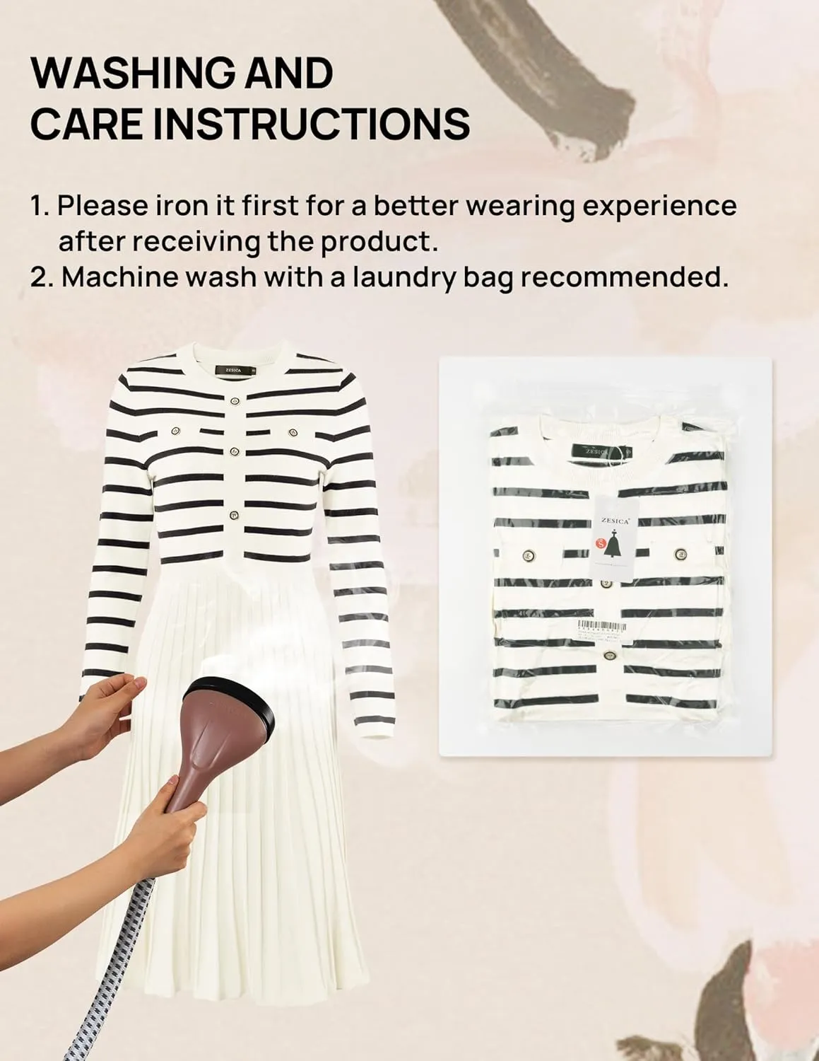 ZESICA Womens Long Sleeve Striped Midi Dresses Crewneck Button Ribbed Knit Pleated A Line Swing Sweater Dress