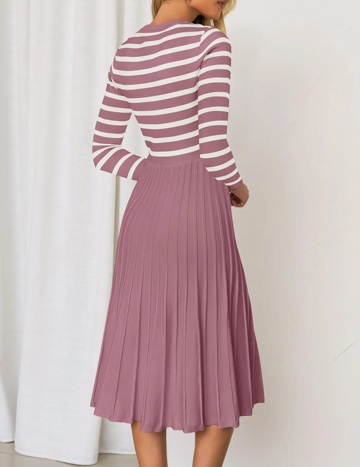 ZESICA Womens Long Sleeve Striped Midi Dresses Crewneck Button Ribbed Knit Pleated A Line Swing Sweater Dress