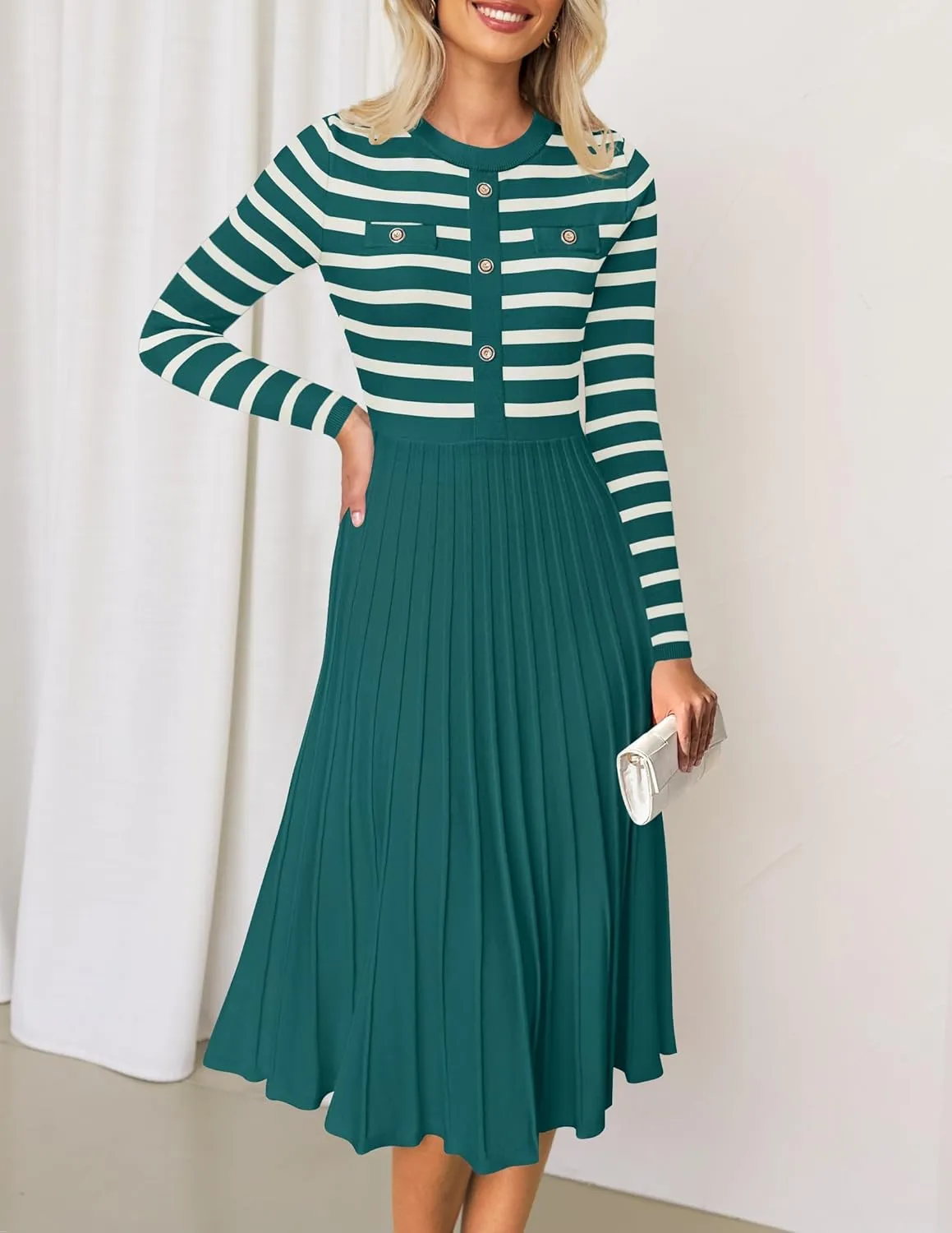 ZESICA Womens Long Sleeve Striped Midi Dresses Crewneck Button Ribbed Knit Pleated A Line Swing Sweater Dress