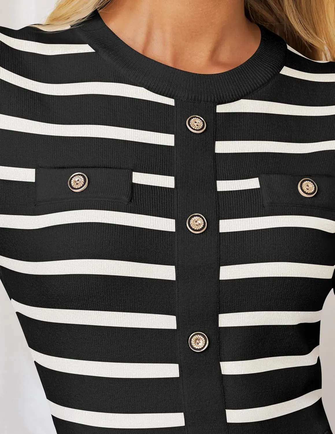 ZESICA Womens Long Sleeve Striped Midi Dresses Crewneck Button Ribbed Knit Pleated A Line Swing Sweater Dress