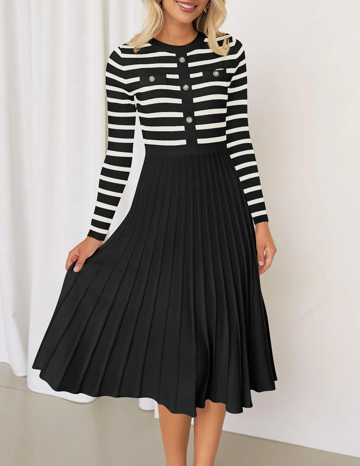 ZESICA Womens Long Sleeve Striped Midi Dresses Crewneck Button Ribbed Knit Pleated A Line Swing Sweater Dress