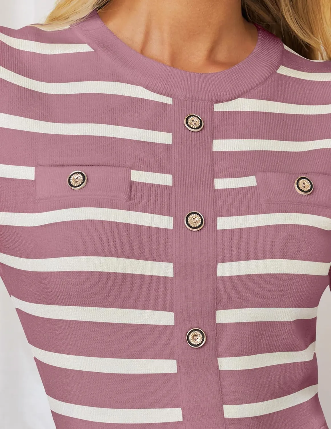 ZESICA Womens Long Sleeve Striped Midi Dresses Crewneck Button Ribbed Knit Pleated A Line Swing Sweater Dress