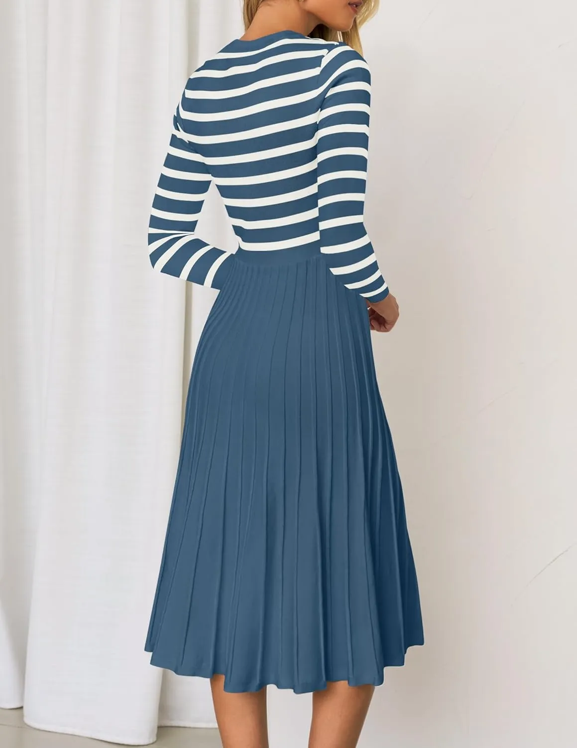 ZESICA Womens Long Sleeve Striped Midi Dresses Crewneck Button Ribbed Knit Pleated A Line Swing Sweater Dress