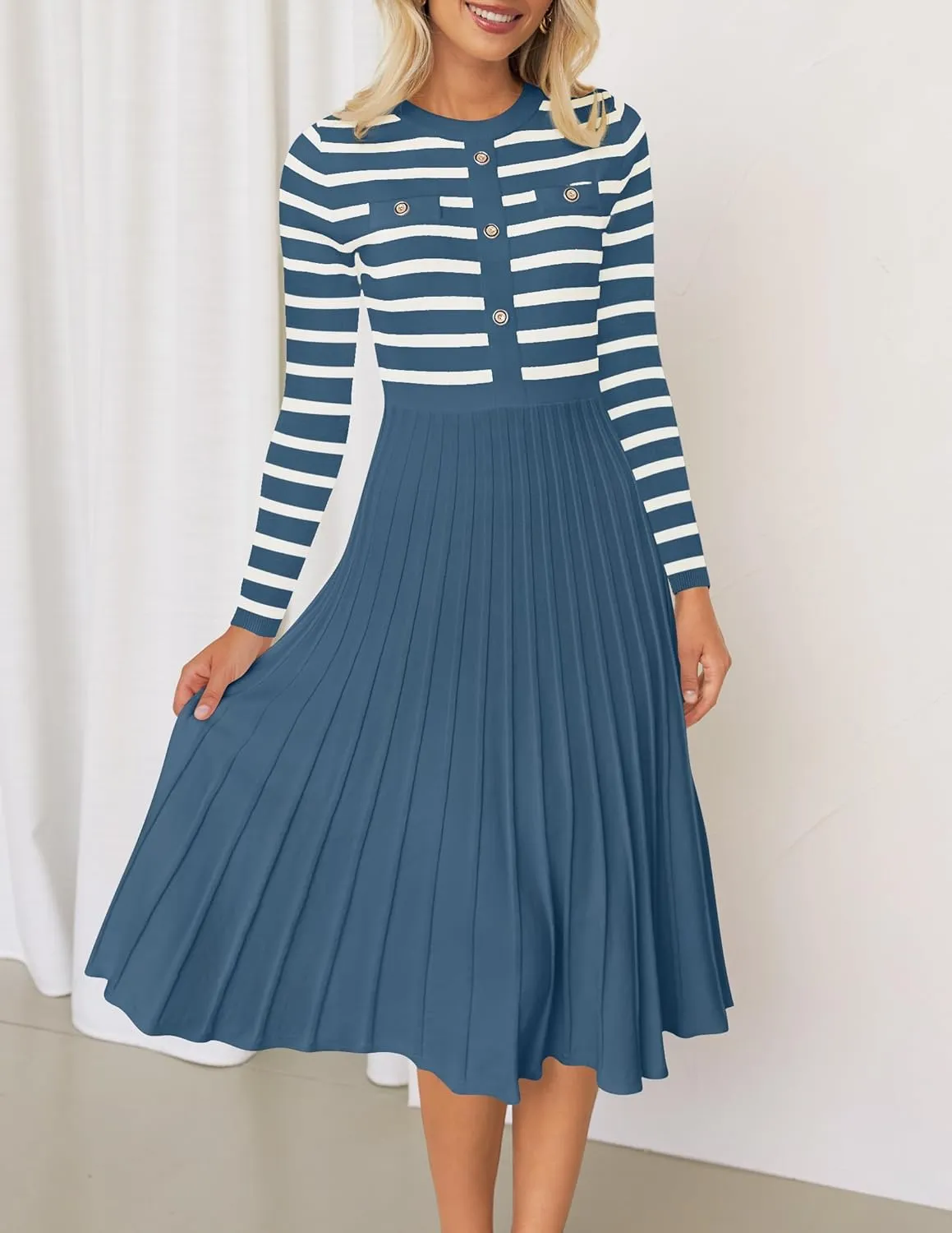ZESICA Womens Long Sleeve Striped Midi Dresses Crewneck Button Ribbed Knit Pleated A Line Swing Sweater Dress