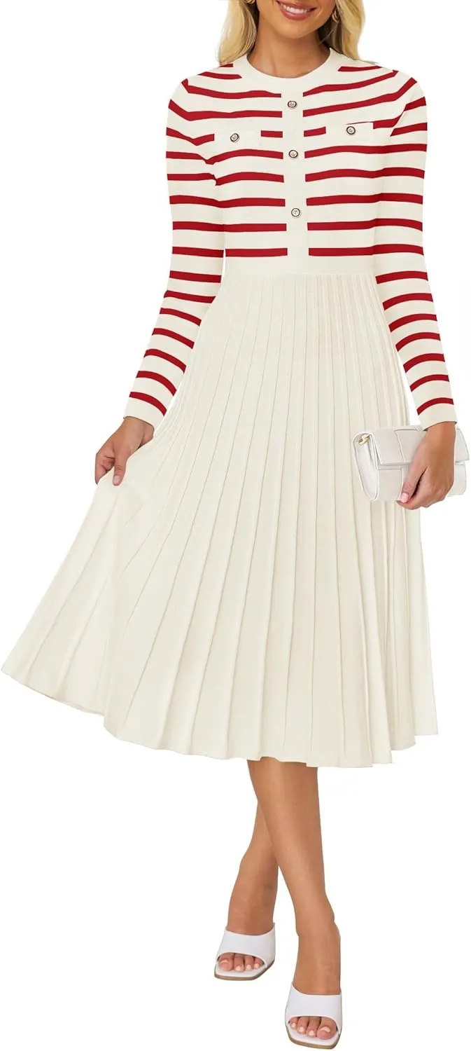 ZESICA Womens Long Sleeve Striped Midi Dresses Crewneck Button Ribbed Knit Pleated A Line Swing Sweater Dress