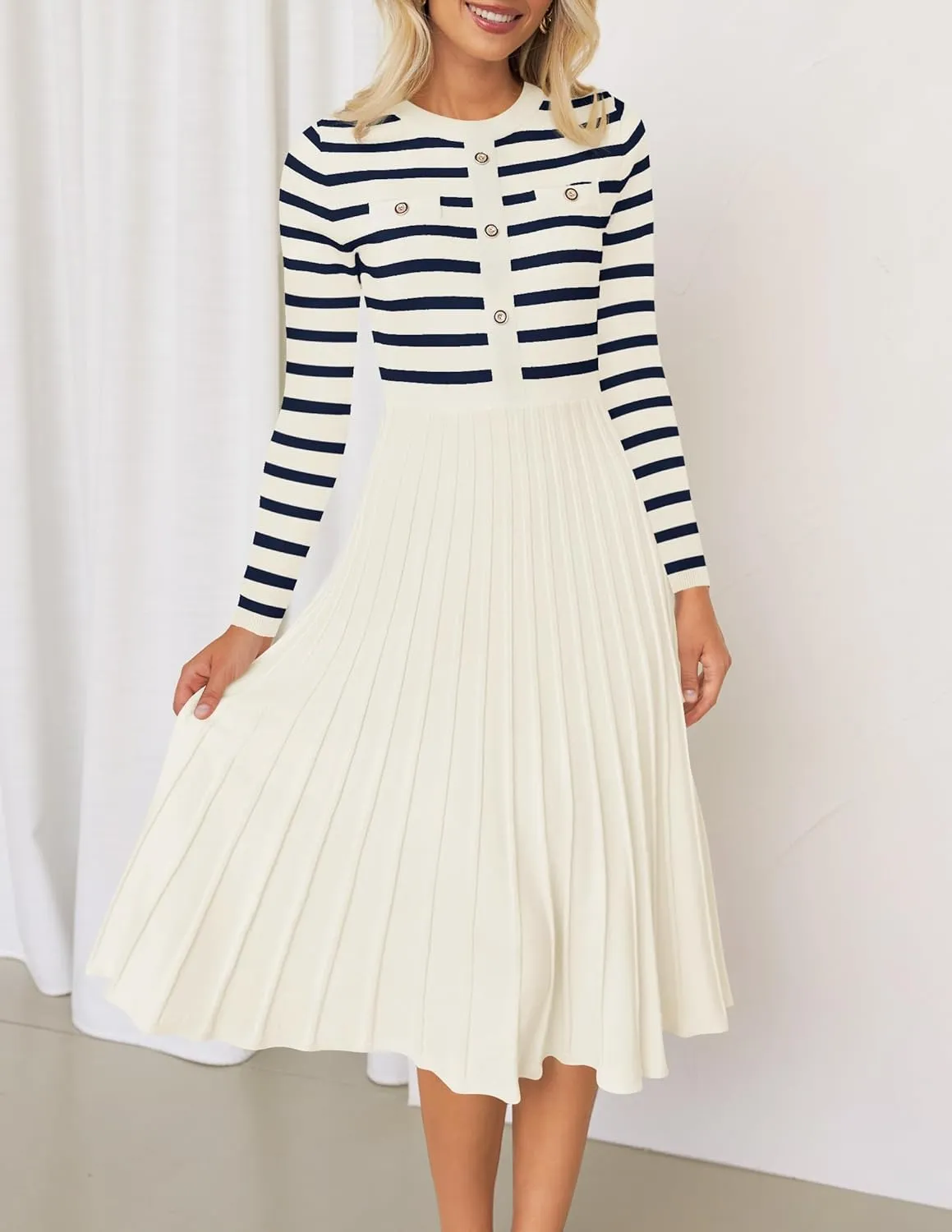 ZESICA Womens Long Sleeve Striped Midi Dresses Crewneck Button Ribbed Knit Pleated A Line Swing Sweater Dress