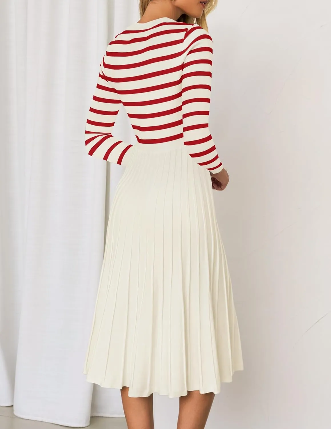 ZESICA Womens Long Sleeve Striped Midi Dresses Crewneck Button Ribbed Knit Pleated A Line Swing Sweater Dress