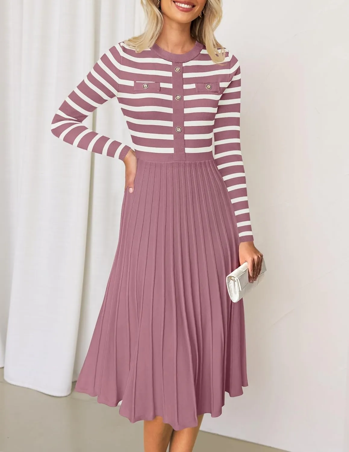 ZESICA Womens Long Sleeve Striped Midi Dresses Crewneck Button Ribbed Knit Pleated A Line Swing Sweater Dress