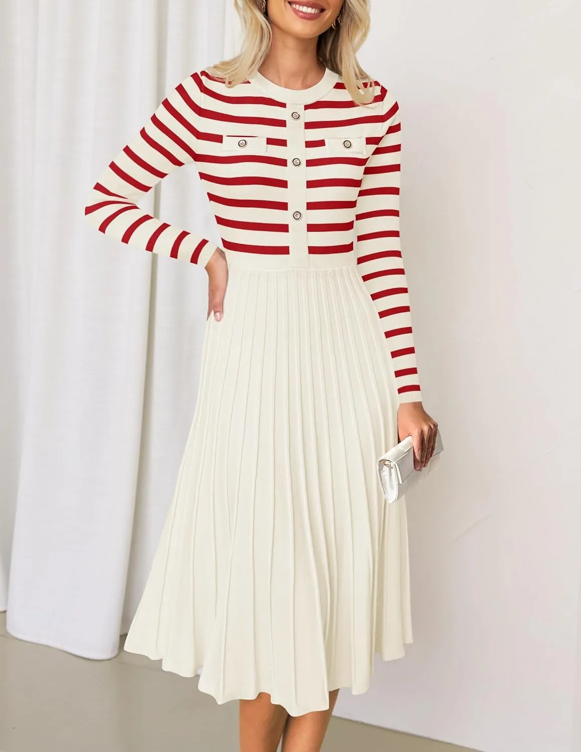 ZESICA Womens Long Sleeve Striped Midi Dresses Crewneck Button Ribbed Knit Pleated A Line Swing Sweater Dress
