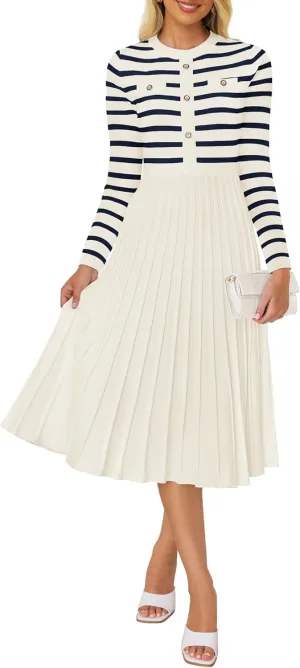 ZESICA Womens Long Sleeve Striped Midi Dresses Crewneck Button Ribbed Knit Pleated A Line Swing Sweater Dress