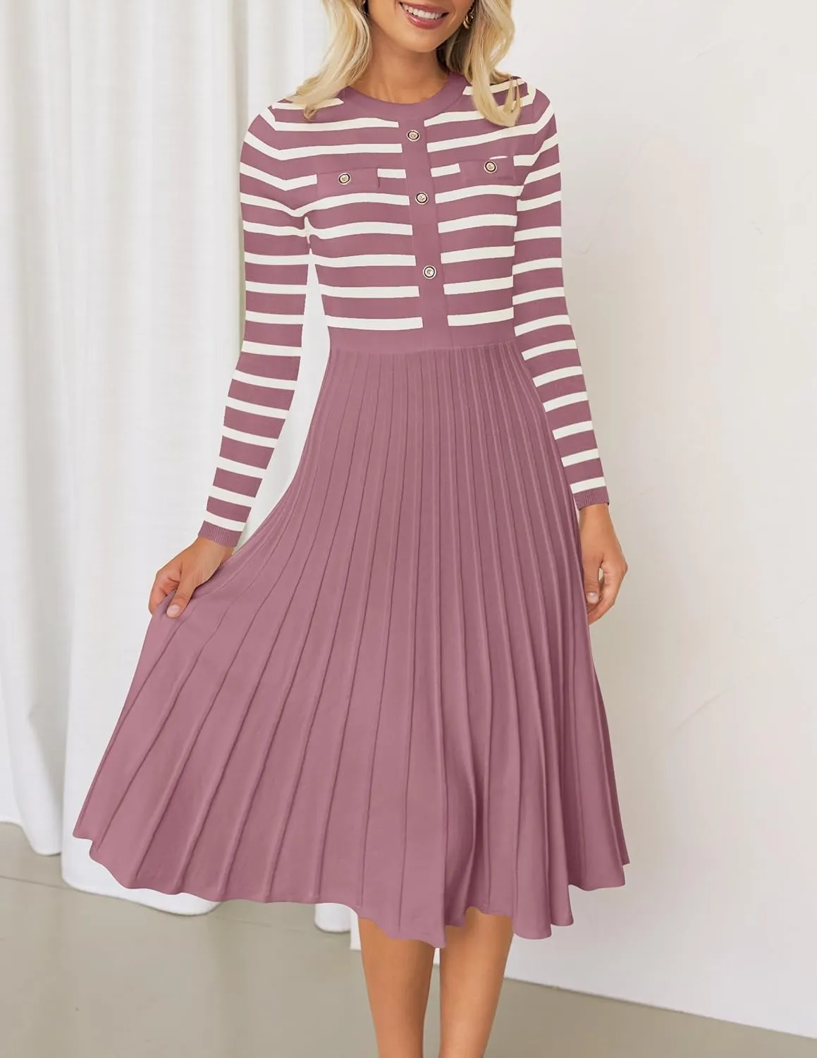 ZESICA Womens Long Sleeve Striped Midi Dresses Crewneck Button Ribbed Knit Pleated A Line Swing Sweater Dress