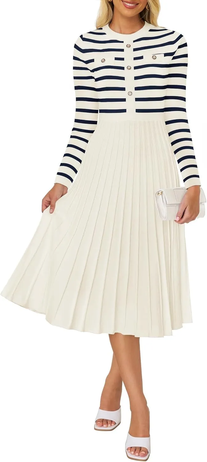 ZESICA Womens Long Sleeve Striped Midi Dresses Crewneck Button Ribbed Knit Pleated A Line Swing Sweater Dress