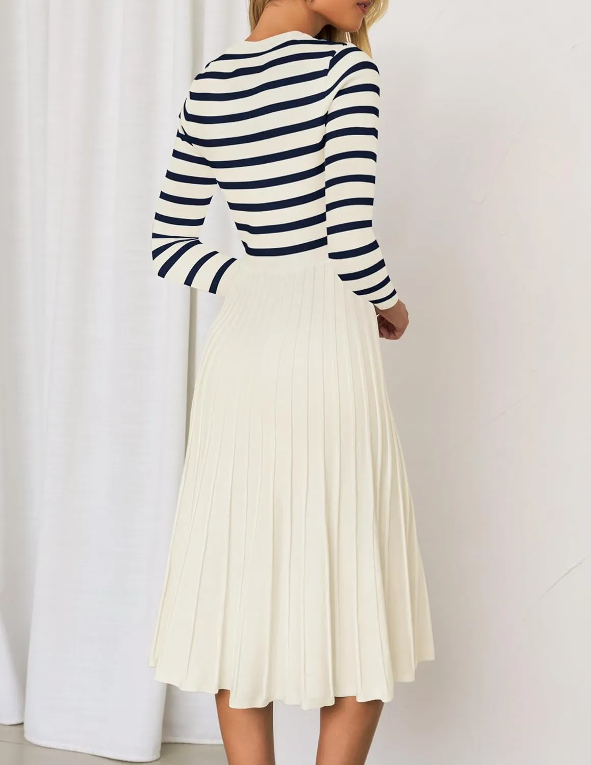 ZESICA Womens Long Sleeve Striped Midi Dresses Crewneck Button Ribbed Knit Pleated A Line Swing Sweater Dress