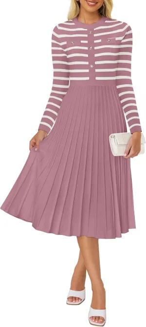ZESICA Womens Long Sleeve Striped Midi Dresses Crewneck Button Ribbed Knit Pleated A Line Swing Sweater Dress