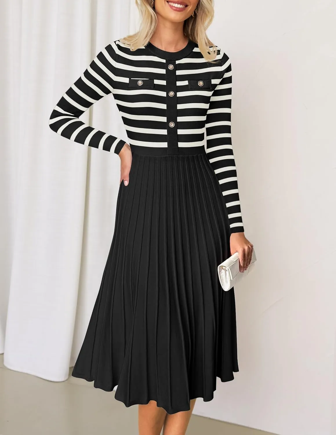 ZESICA Womens Long Sleeve Striped Midi Dresses Crewneck Button Ribbed Knit Pleated A Line Swing Sweater Dress
