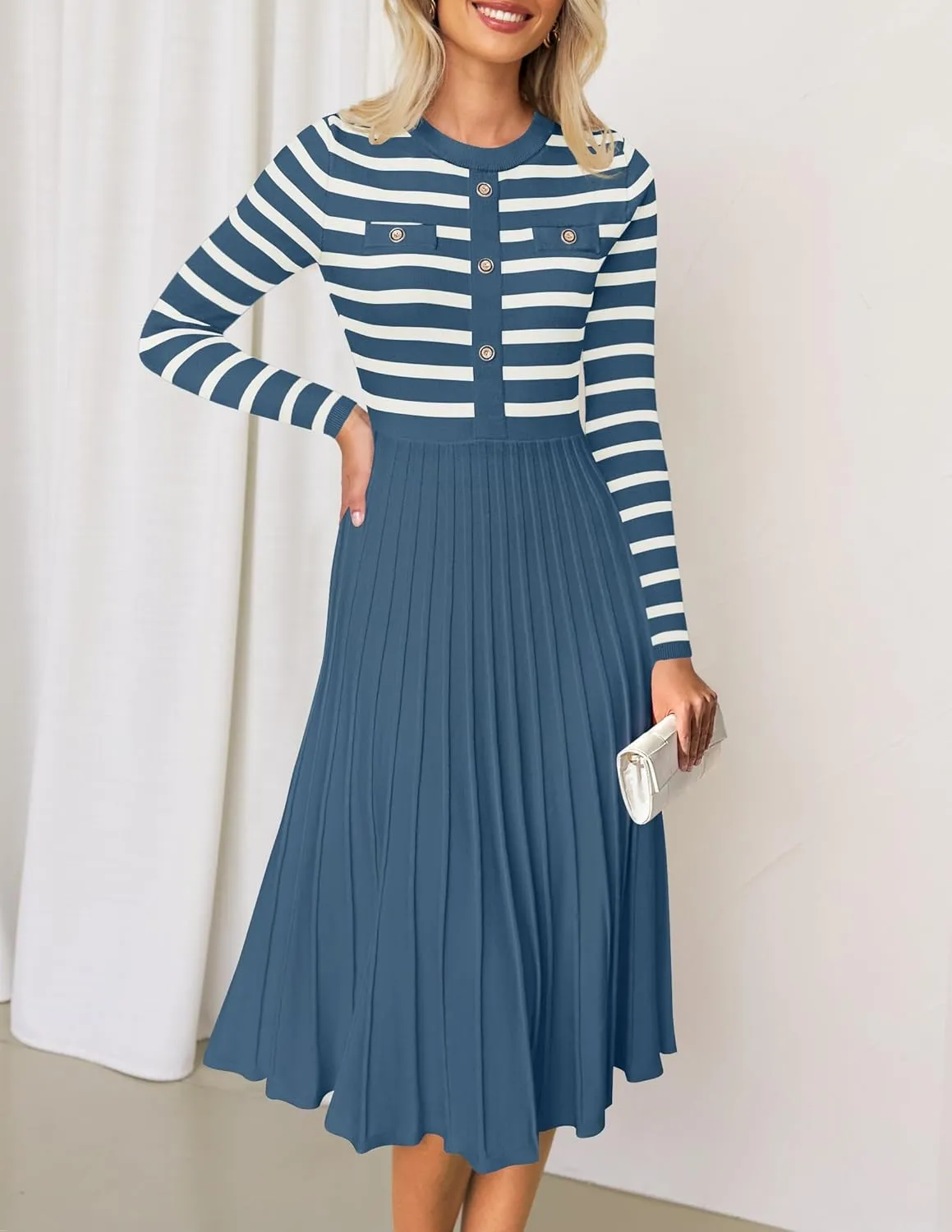 ZESICA Womens Long Sleeve Striped Midi Dresses Crewneck Button Ribbed Knit Pleated A Line Swing Sweater Dress