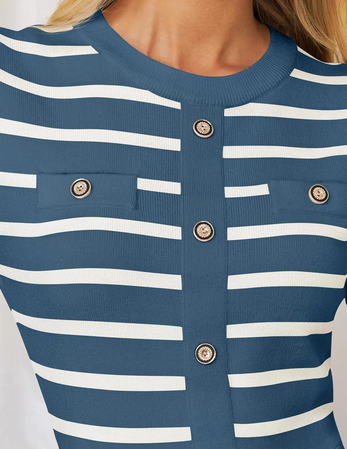 ZESICA Womens Long Sleeve Striped Midi Dresses Crewneck Button Ribbed Knit Pleated A Line Swing Sweater Dress