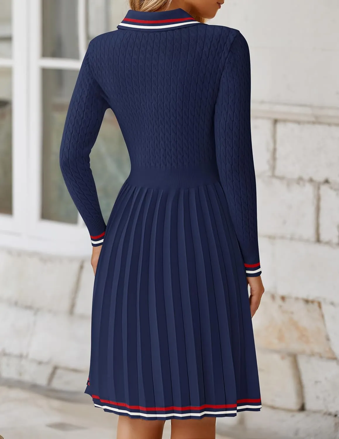 ZESICA Women's Midi Sweater Dress 2025 Spring Long Sleeve Cable Ribbed Knit A Line Swing Pleated Dresses