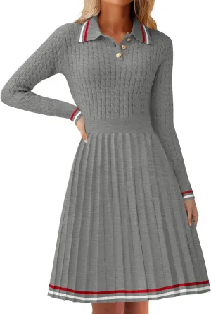 ZESICA Women's Midi Sweater Dress 2025 Spring Long Sleeve Cable Ribbed Knit A Line Swing Pleated Dresses
