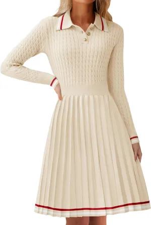 ZESICA Women's Midi Sweater Dress 2025 Spring Long Sleeve Cable Ribbed Knit A Line Swing Pleated Dresses