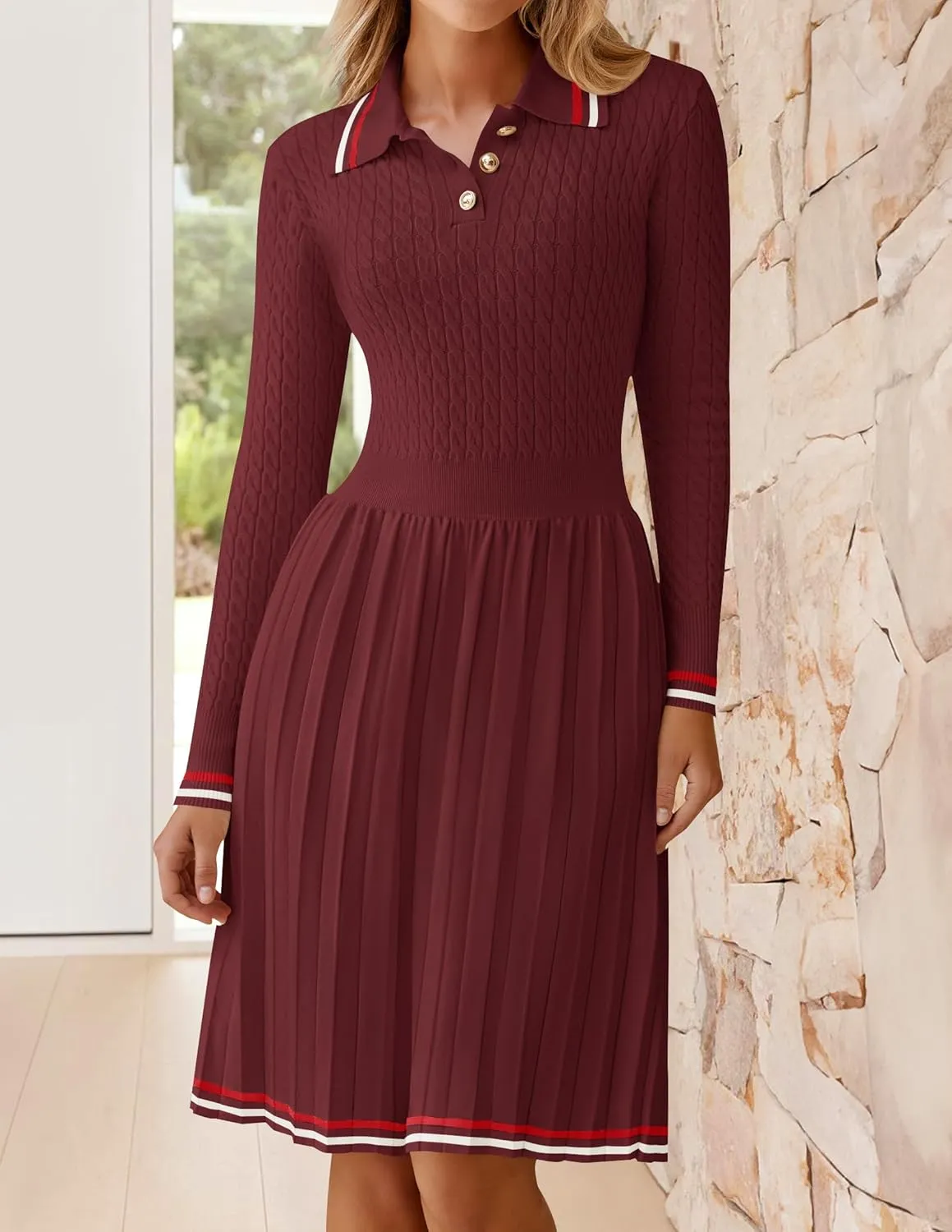 ZESICA Women's Midi Sweater Dress 2025 Spring Long Sleeve Cable Ribbed Knit A Line Swing Pleated Dresses