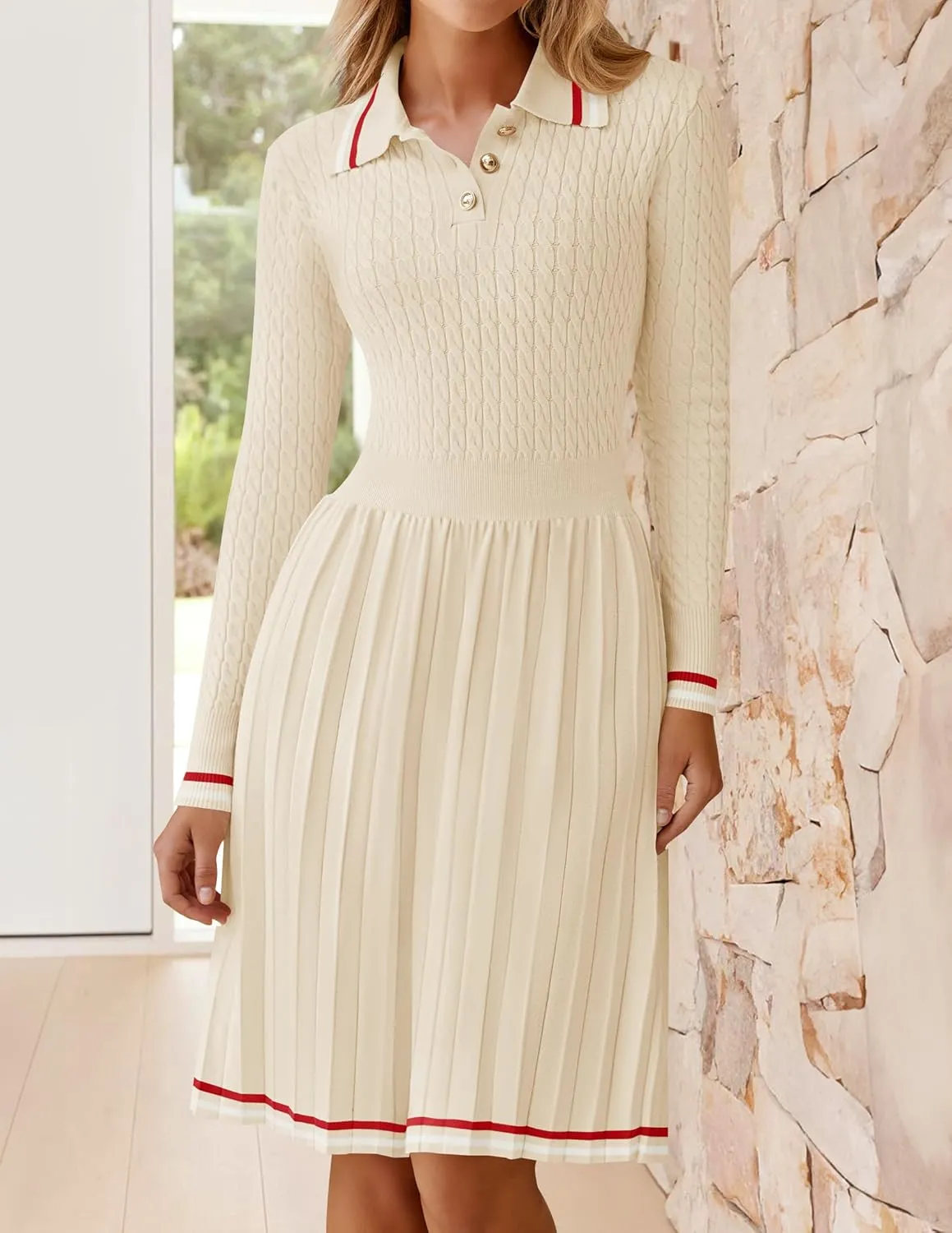 ZESICA Women's Midi Sweater Dress 2025 Spring Long Sleeve Cable Ribbed Knit A Line Swing Pleated Dresses