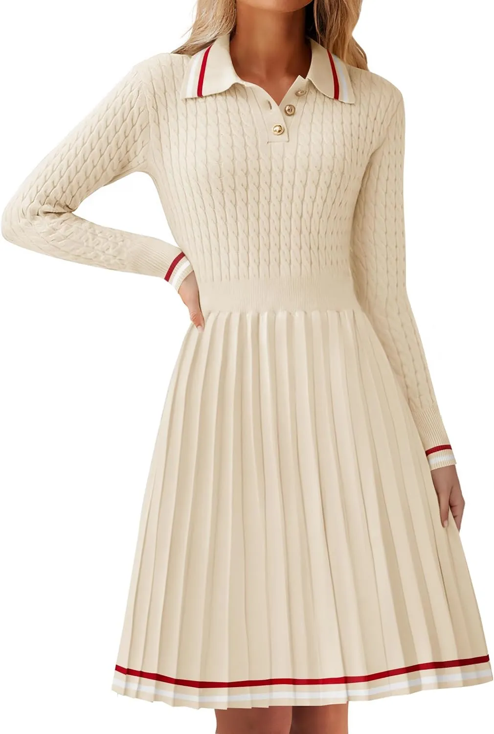 ZESICA Women's Midi Sweater Dress 2025 Spring Long Sleeve Cable Ribbed Knit A Line Swing Pleated Dresses
