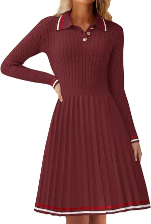 ZESICA Women's Midi Sweater Dress 2025 Spring Long Sleeve Cable Ribbed Knit A Line Swing Pleated Dresses