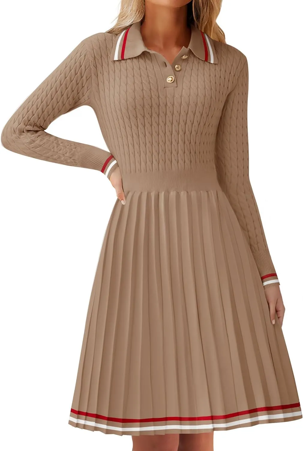ZESICA Women's Midi Sweater Dress 2025 Spring Long Sleeve Cable Ribbed Knit A Line Swing Pleated Dresses