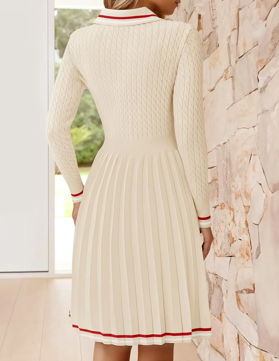 ZESICA Women's Midi Sweater Dress 2025 Spring Long Sleeve Cable Ribbed Knit A Line Swing Pleated Dresses