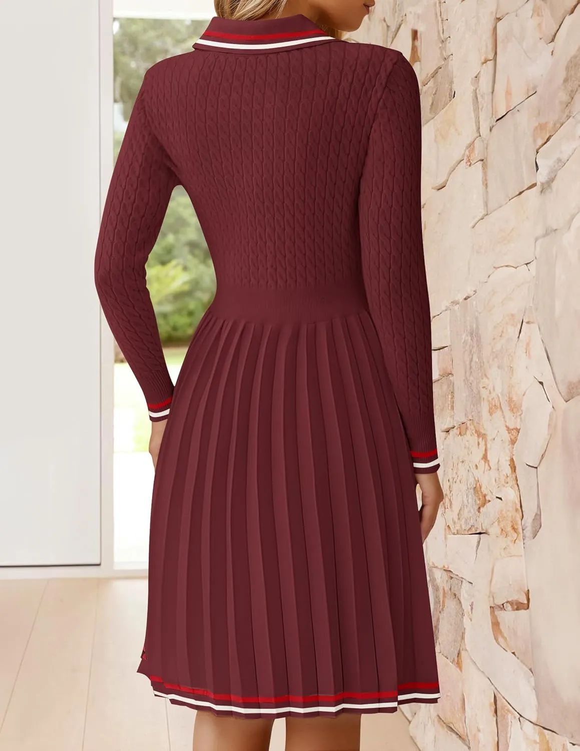 ZESICA Women's Midi Sweater Dress 2025 Spring Long Sleeve Cable Ribbed Knit A Line Swing Pleated Dresses