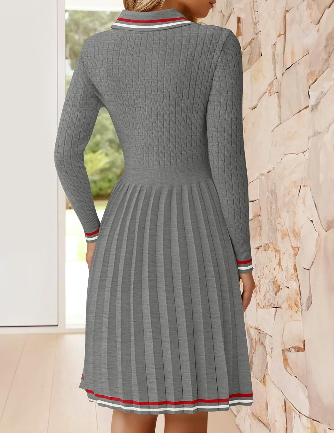ZESICA Women's Midi Sweater Dress 2025 Spring Long Sleeve Cable Ribbed Knit A Line Swing Pleated Dresses