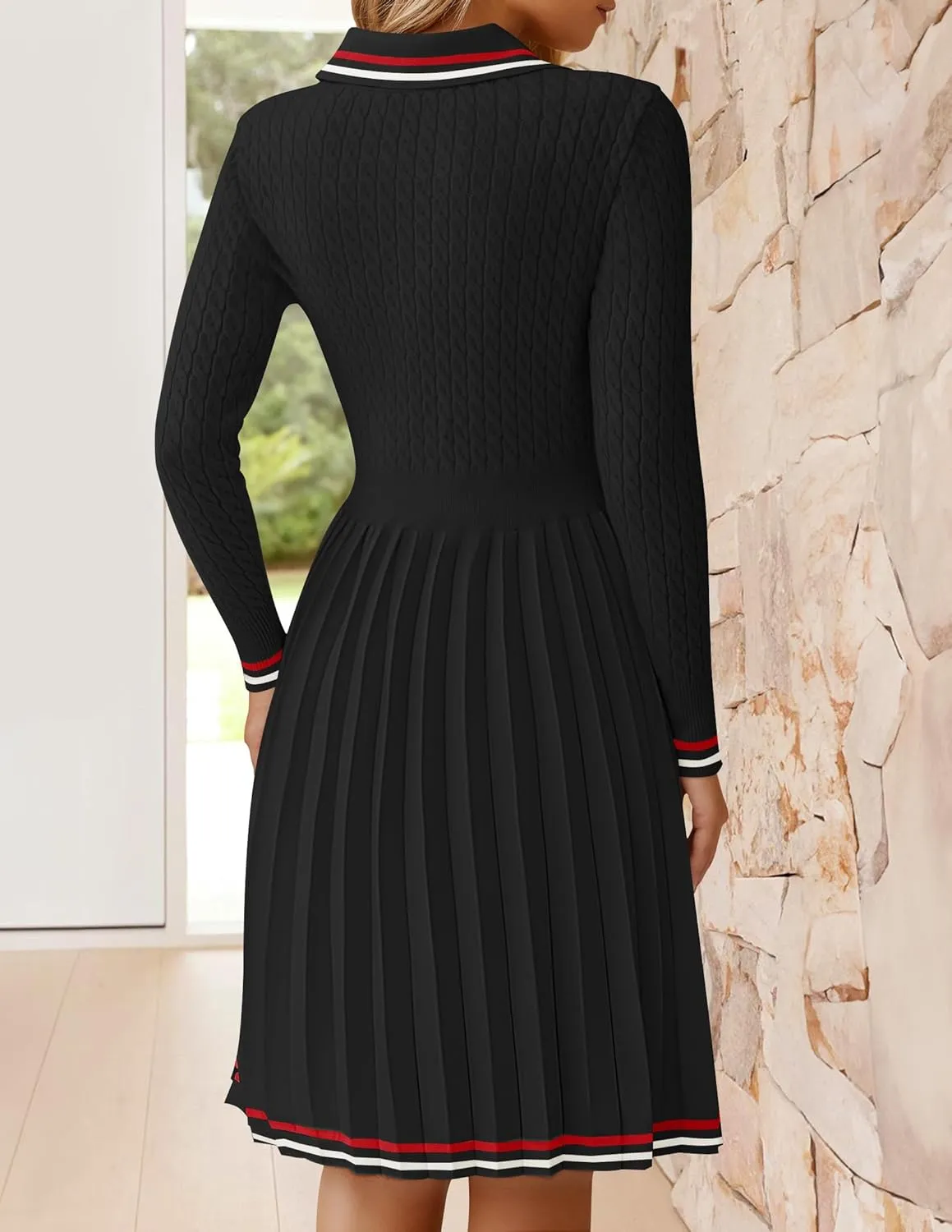 ZESICA Women's Midi Sweater Dress 2025 Spring Long Sleeve Cable Ribbed Knit A Line Swing Pleated Dresses