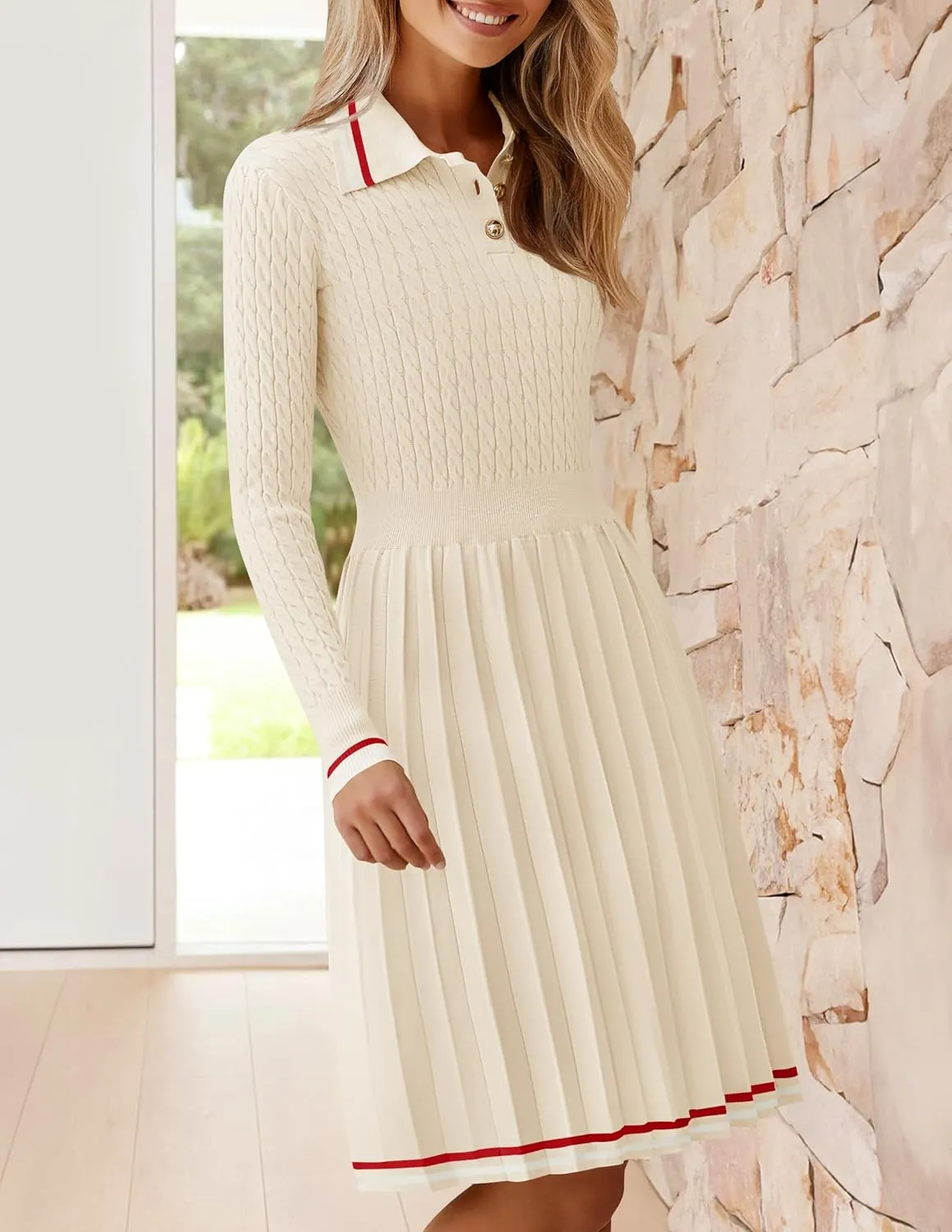 ZESICA Women's Midi Sweater Dress 2025 Spring Long Sleeve Cable Ribbed Knit A Line Swing Pleated Dresses