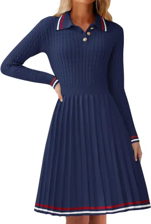 ZESICA Women's Midi Sweater Dress 2025 Spring Long Sleeve Cable Ribbed Knit A Line Swing Pleated Dresses