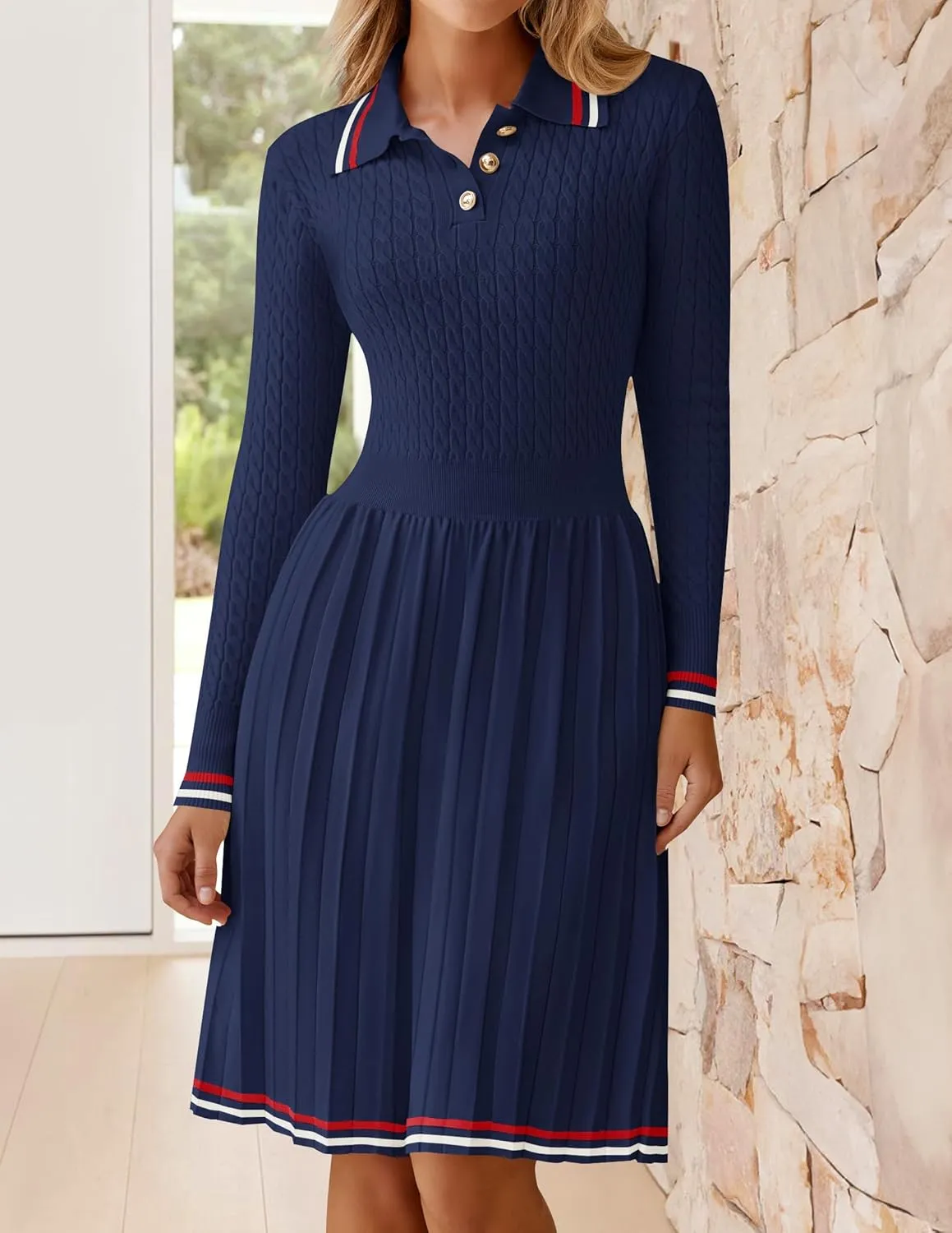 ZESICA Women's Midi Sweater Dress 2025 Spring Long Sleeve Cable Ribbed Knit A Line Swing Pleated Dresses