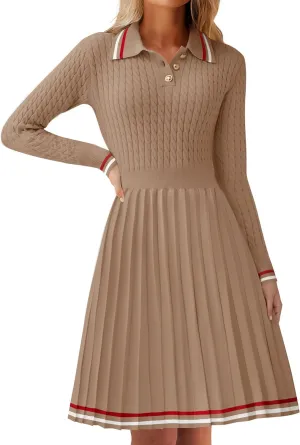 ZESICA Women's Midi Sweater Dress 2025 Spring Long Sleeve Cable Ribbed Knit A Line Swing Pleated Dresses
