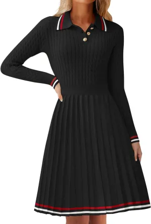 ZESICA Women's Midi Sweater Dress 2025 Spring Long Sleeve Cable Ribbed Knit A Line Swing Pleated Dresses
