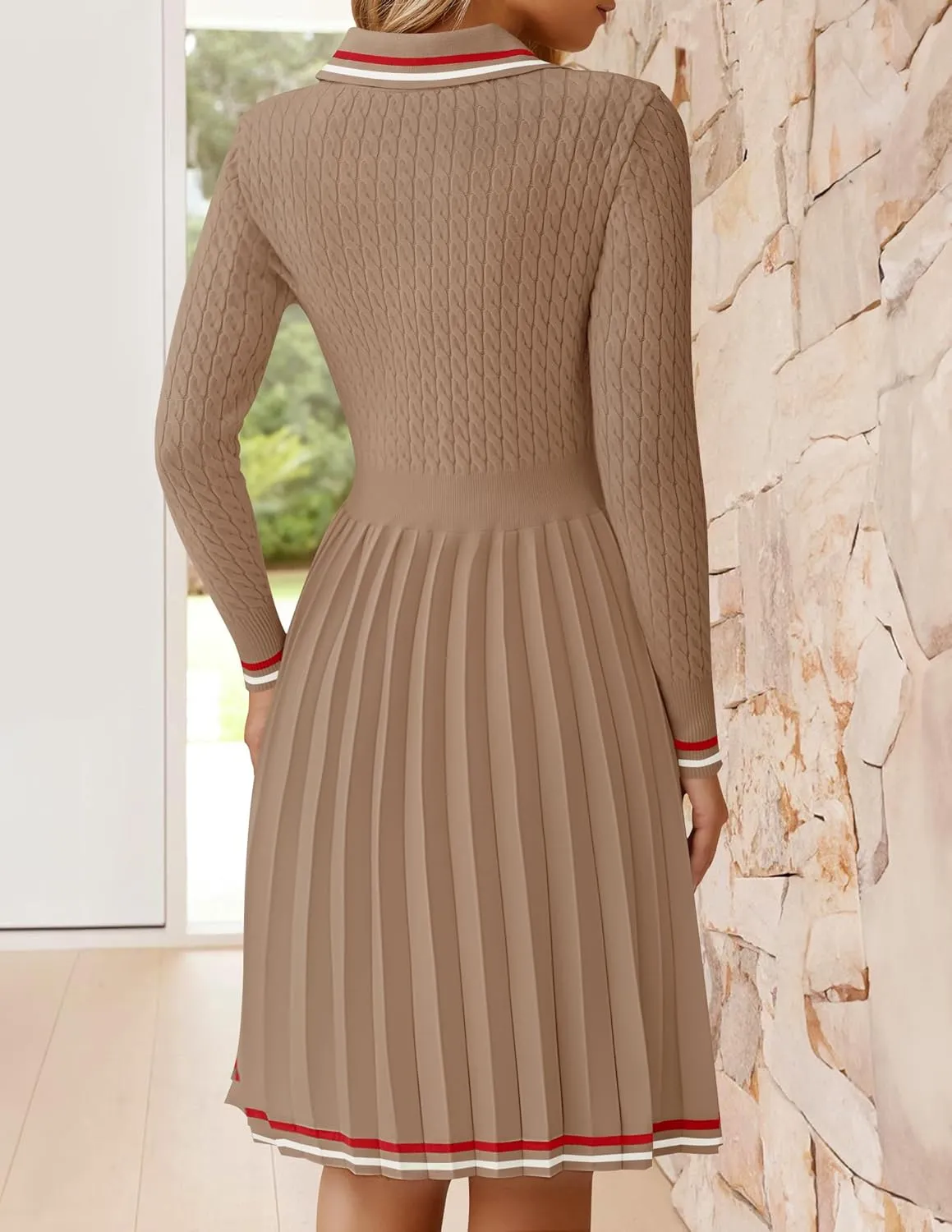 ZESICA Women's Midi Sweater Dress 2025 Spring Long Sleeve Cable Ribbed Knit A Line Swing Pleated Dresses