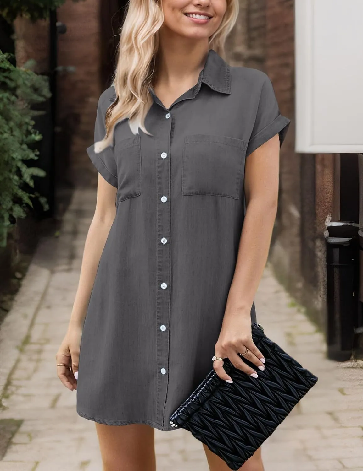 Zilcremo Women Denim Shirt Dresses Short Sleeve Distressed Jean Dress Button Down Casual Tunic Top