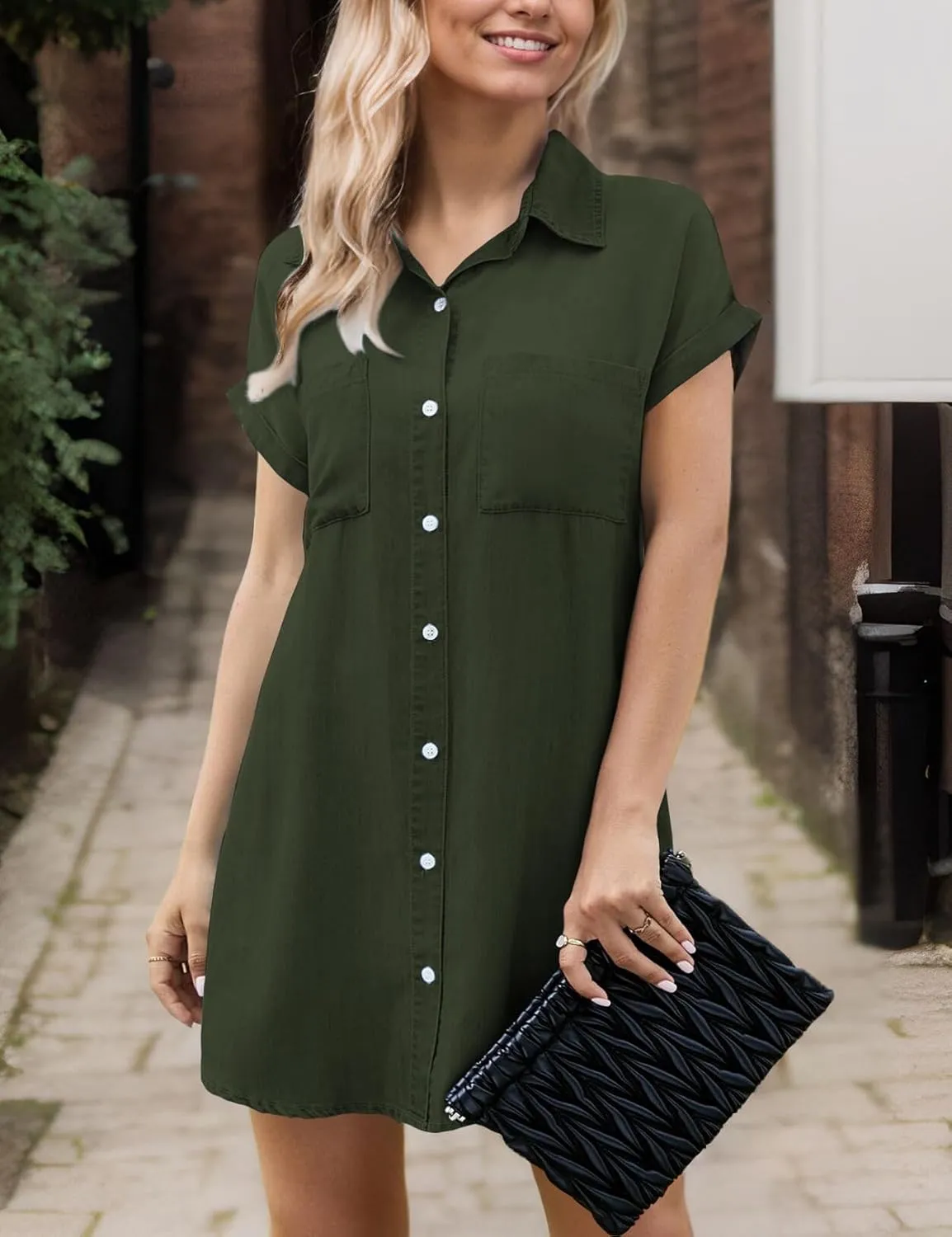 Zilcremo Women Denim Shirt Dresses Short Sleeve Distressed Jean Dress Button Down Casual Tunic Top