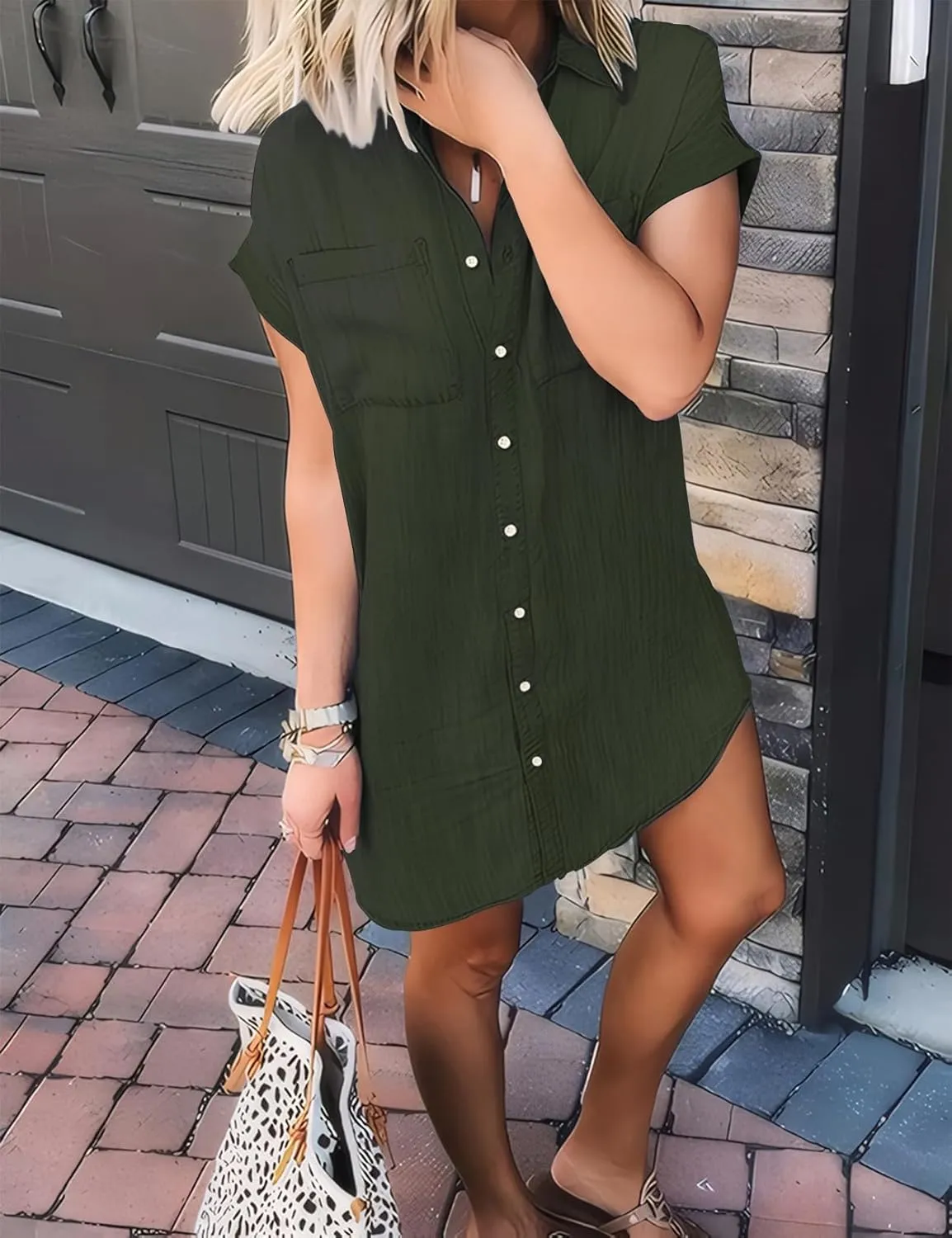 Zilcremo Women Denim Shirt Dresses Short Sleeve Distressed Jean Dress Button Down Casual Tunic Top