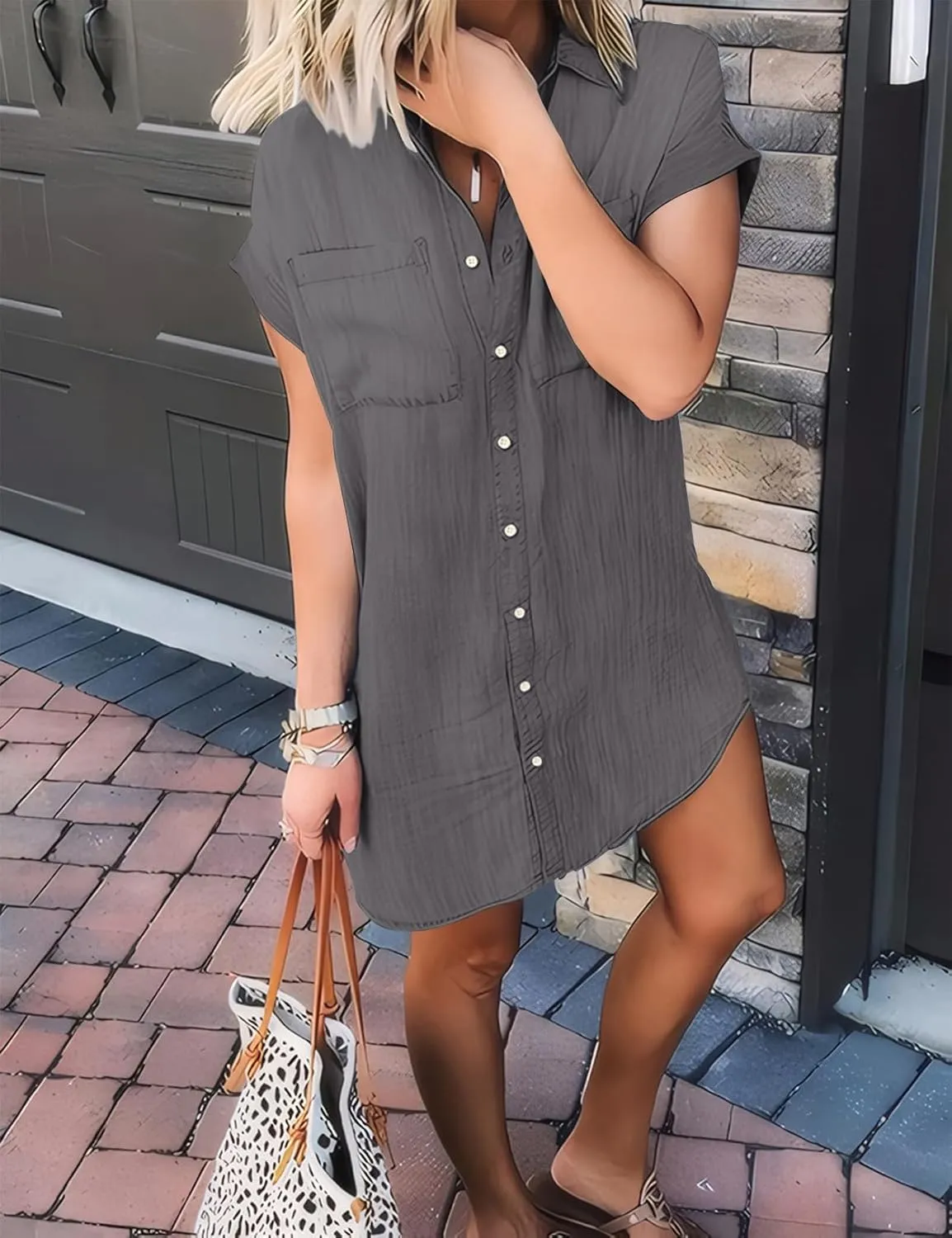 Zilcremo Women Denim Shirt Dresses Short Sleeve Distressed Jean Dress Button Down Casual Tunic Top