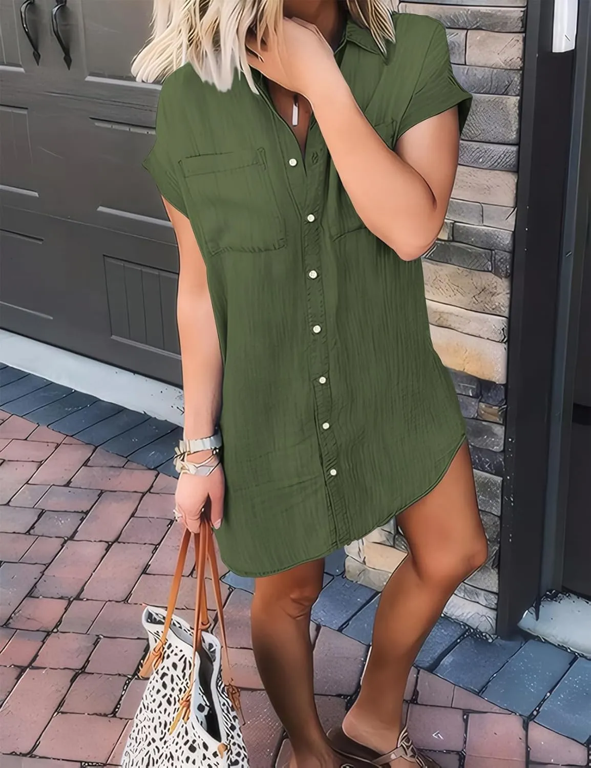 Zilcremo Women Denim Shirt Dresses Short Sleeve Distressed Jean Dress Button Down Casual Tunic Top