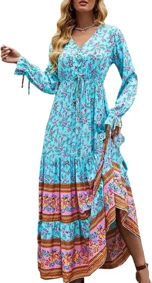 ZOCAVIA Womens Elegant Floral Maxi Dresses Vintage Long Sleeve Swing Dress Bohemian Dress for Women 2024 Ethnic Dress Boho