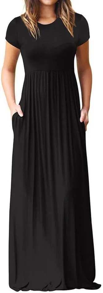 ZWRXW Women's Short Sleeve Dresses Loose Plain Maxi Dresses Summer Long Beach Dress Plus Size Comfy Curvy Dress with Pockets