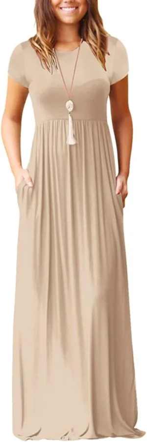 ZWRXW Women's Short Sleeve Dresses Loose Plain Maxi Dresses Summer Long Beach Dress Plus Size Comfy Curvy Dress with Pockets