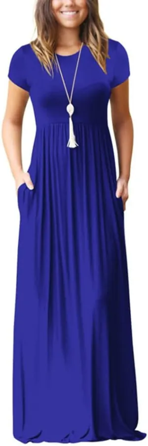 ZWRXW Women's Short Sleeve Dresses Loose Plain Maxi Dresses Summer Long Beach Dress Plus Size Comfy Curvy Dress with Pockets
